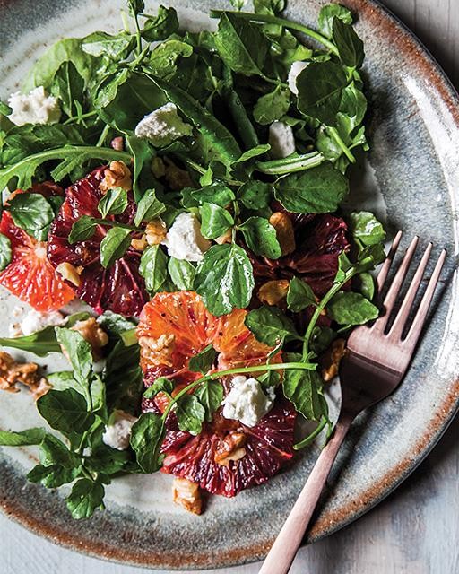 Blood orange, walnut, & goat cheese salad