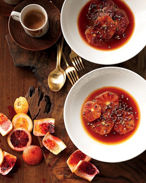 Blood oranges with caramel sauce and cocoa nibs