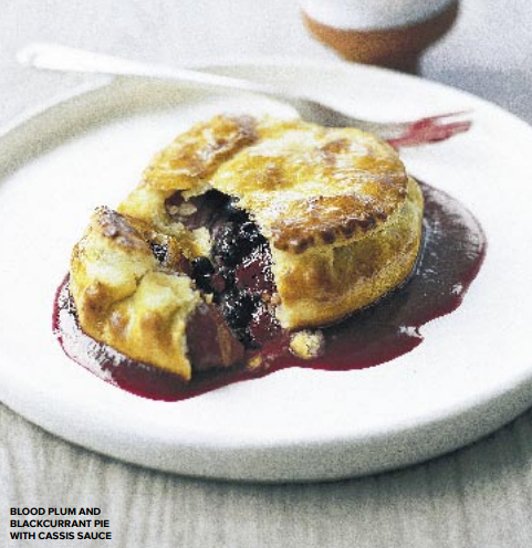 Blood plum and blackcurrant pies with cassis sauce