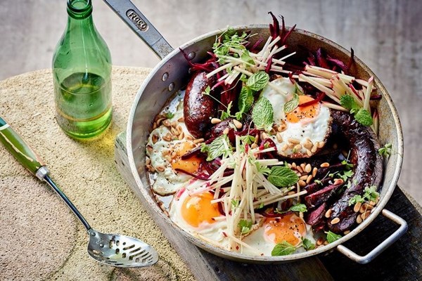Blood sausage with beetroot, apple & fried egg