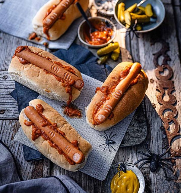 Bloody-finger hot dogs with smoky tomato sauce