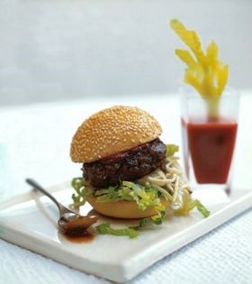 Bloody Mary burger with celeriac Waldorf and Tabasco-cumin ketchup