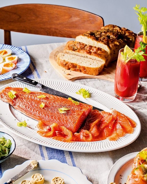 Bloody Mary cured salmon with Tabasco pickled cucumber and soft-boiled eggs