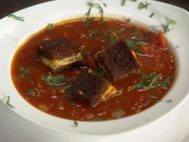 Bloody Mary soup with pumpernickel grilled cheese croutons