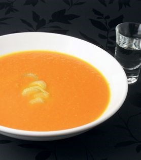 Bloody Mary soup with vodka shot