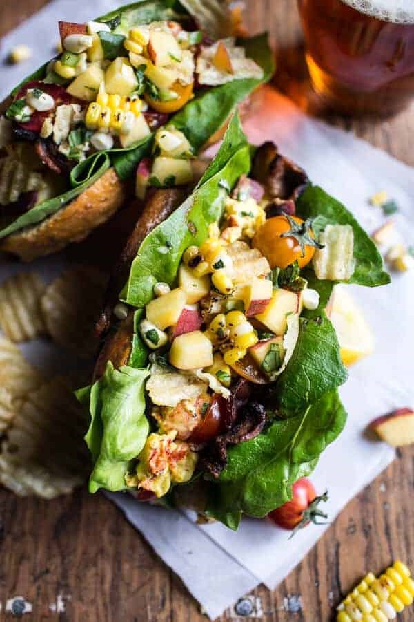 BLT and potato chip lobster rolls with peach salsa