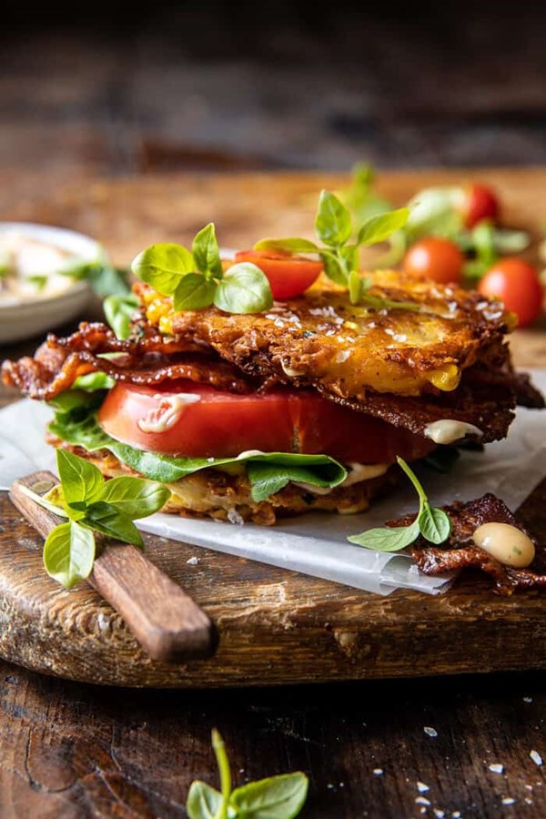 BLT corn fritter stacks
