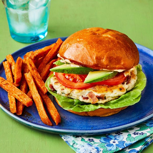 BLT turkey burgers with sweet potato fries