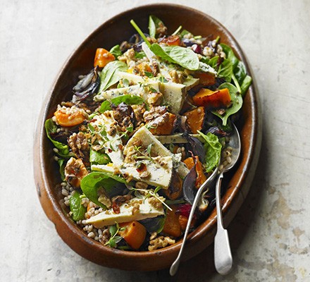Blue cheese, butternut & barley salad with maple walnuts