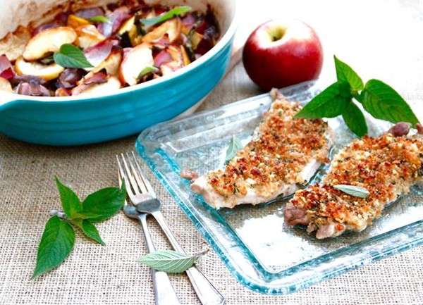 Blue cheese crusted pork escalopes with pineapple sage, roasted beetroot and apple