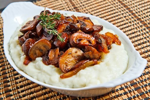 Blue cheese mashed potatoes with caramelized onions and mushrooms