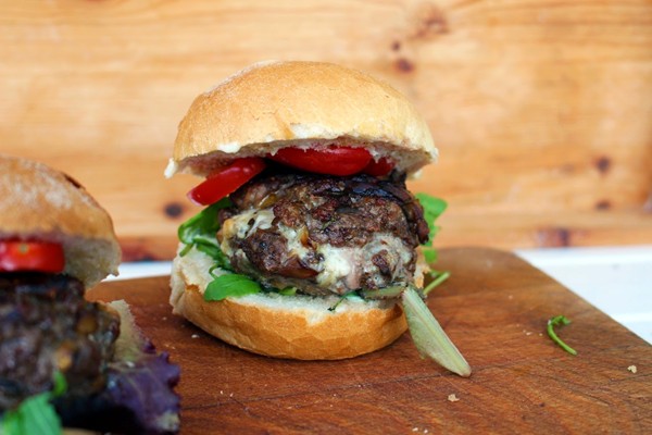 Blue cheese on the inside burgers with Cognac sauted mushrooms
