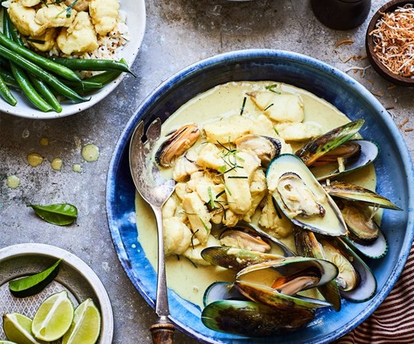 Blue cod with green curry cream & coconut rice