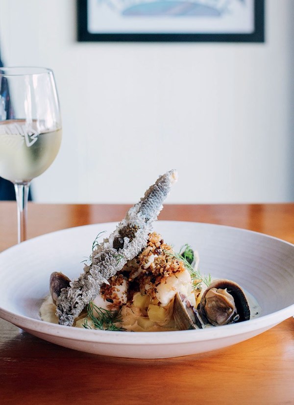 Blue cod with roasted blue cod chowder, smoked oyster crumble & crispy skin