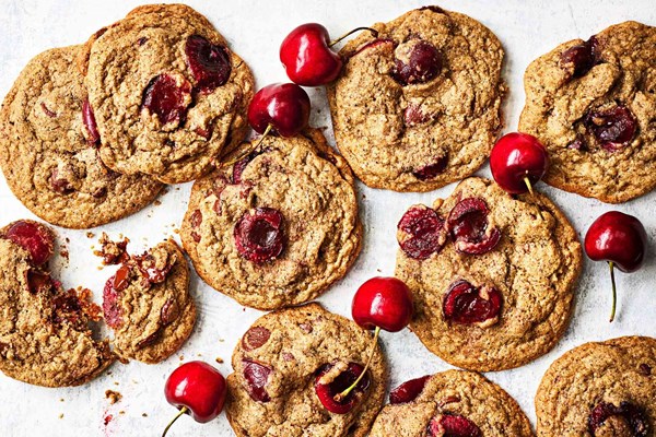 Blue corn-cherry-chocolate chip cookies
