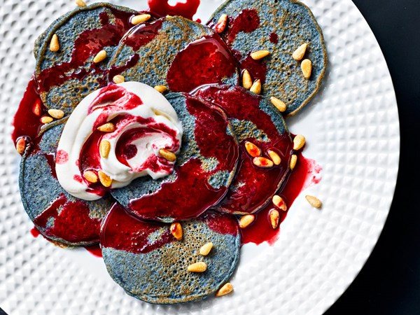 Blue corn piñon pancakes