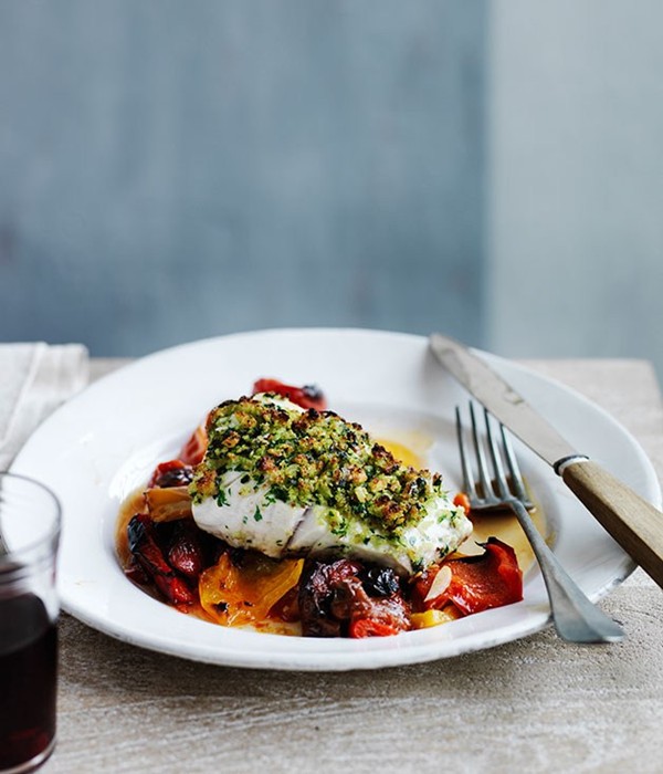 Blue-eye trevalla with a parsley crust and piperade