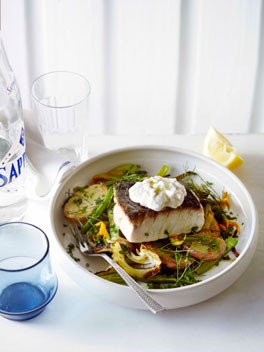Blue-eye trevalla with skordalia, lemon, potatoes and fennel