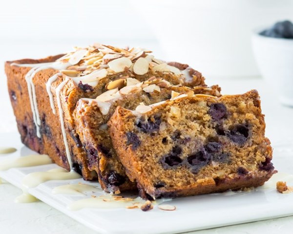 Blueberry-almond banana bread [crème fraîche glaze]