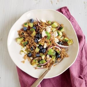 Blueberry and feta bulgur salad with mint dressing