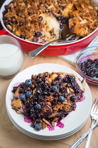 Blueberry baked French toast with amaretti crumble and blueberry maple syrup
