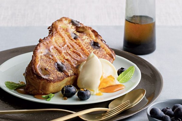 Blueberry brioche French toast with caramelized honey and mint