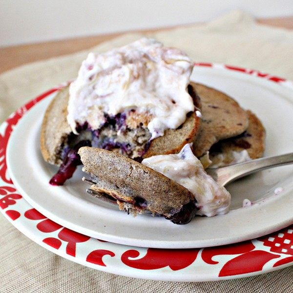 Blueberry buckwheat pancakes with roasted cardamom-vanilla rhubarb compote