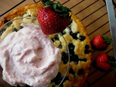 Blueberry buttermilk cake with strawberry whipped cream