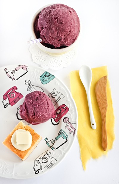 Blueberry buttermilk sorbet & white chocolate mud cake