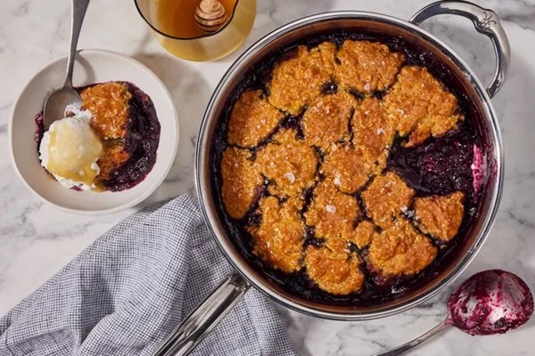Blueberry grunt with honey-glazed corn biscuits 