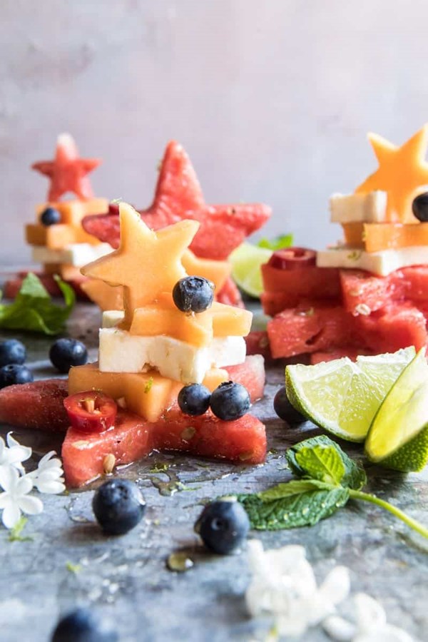 Blueberry, melon, feta, fruit salad stacks