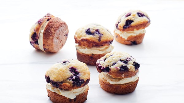 Blueberry muffin and peach ice cream sandwiches
