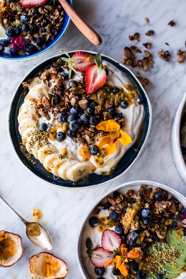 Blueberry muffin granola Greek yogurt breakfast bowl