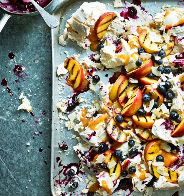Blueberry, peach and coconut Pavlova smash