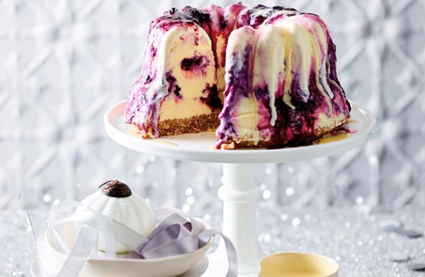 Blueberry pie ice cream cake with vanilla custard