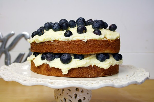 Blueberry sour cream and almond cake with whipped double cream butter icing