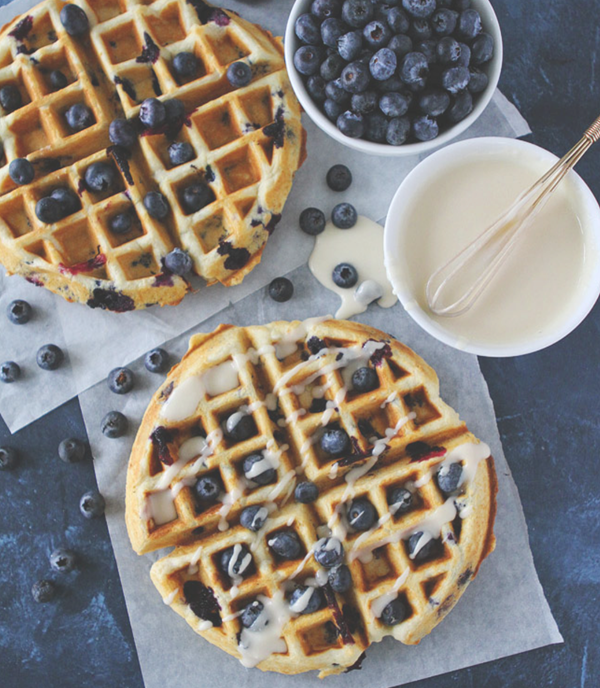 Blueberry sour cream waffles with maple glaze
