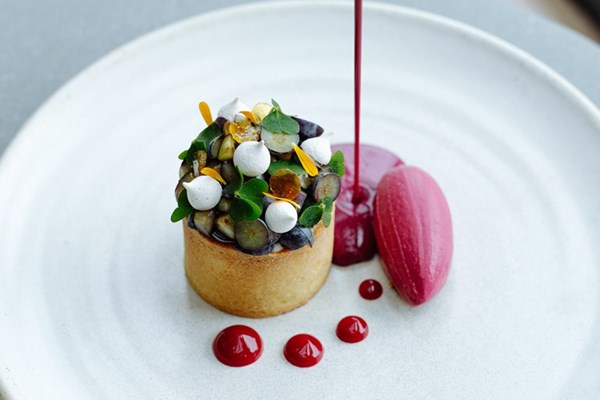 Blueberry tart, blueberry sorbet, meringue, orange confit