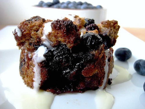Blueberry white chocolate bread pudding with Amaretto cream sauce 