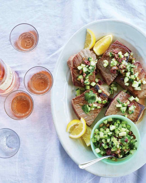 Bluefin tuna with olive, cucumber, and cilantro relish