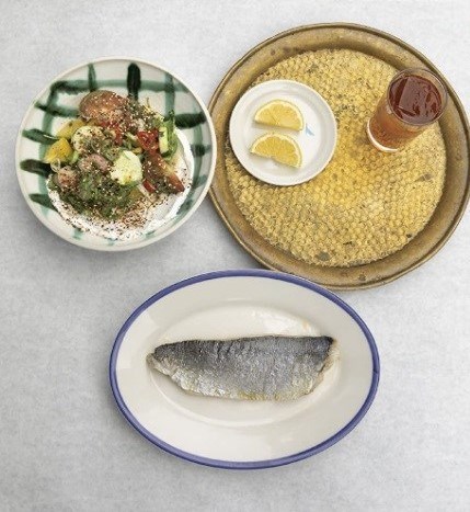 Bluefish, chopped summer salad, yogurt, and sumac sprinkle