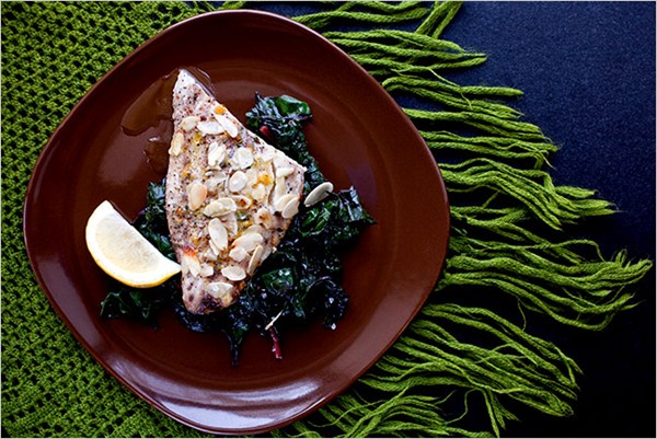 Bluefish with lemon-almond butter and Swiss chard