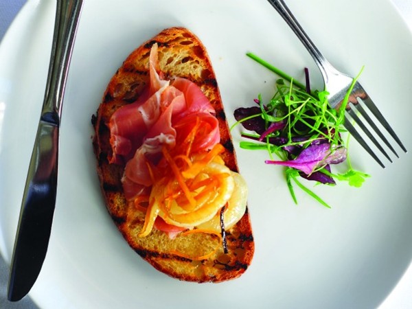 Bluestem's crostini with prosciutto and hot and sweet cipollini (Cook the Book)