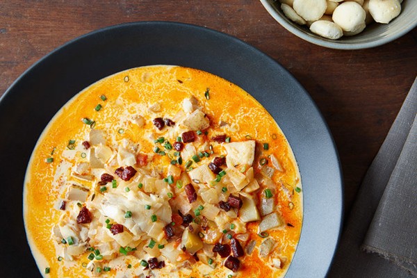Blushing New England fish chowder