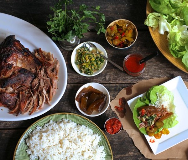 Bo ssam with ssam sauce and garlic-scallion sauce