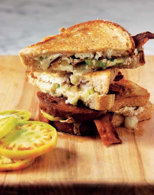 Bobby Flay's grilled Brie and goat cheese with bacon and green tomato