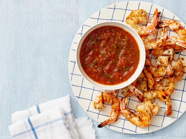 Bobby Flay’s grilled shrimp with smoky grilled tomato cocktail sauce