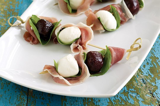Bocconcini and pickled cherry skewers