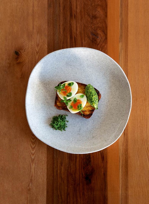 Boiled duck egg on brioche with herb butter & herb salt