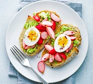 Boiled egg, avocado & quick pickled radish